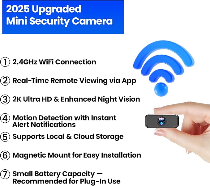 Only 0.6 inch Hidden Camera, 2026 Upgraded 4K Spy Camera, Mini Camera with Real-Time Recording, AI Motion Detection, Support Cloud & TF Storage, Night Vision, Indoor Cameras for Home Security