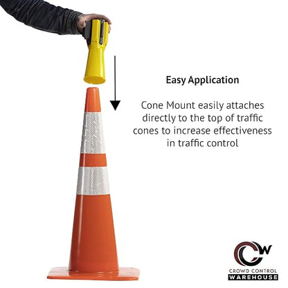 Trafford Industrial 11 Ft. Cone-Mounted Retractable Belt Barrier Orange Case with Yellow and Reflective Horizontal Stripe Belt
