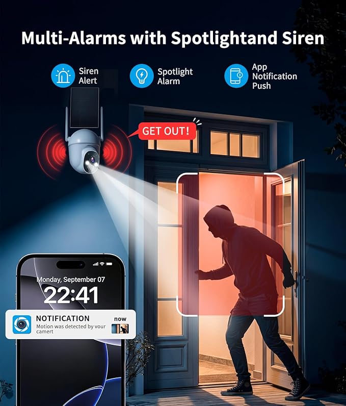 2K Solar Security Cameras Wireless Outdoor, 360° View Outdoor Camera for Home Security with Color Night Vision, Battery Powered, AI PIR Detection, Spotlight Siren Alarm, Only 2.4Ghz WiFi
