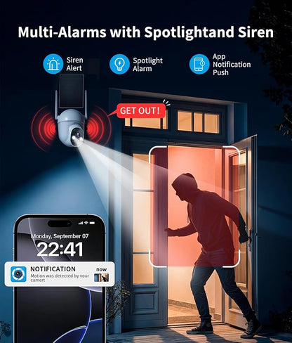 2K Solar Security Cameras Wireless Outdoor, 360° View Outdoor Camera for Home Security with Color Night Vision, Battery Powered, AI PIR Detection, Spotlight Siren Alarm, Only 2.4Ghz WiFi