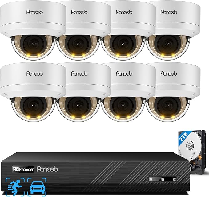 PoE Security Camera System, 5MP 8CH NVR & 2TB HDD, 8X IK10 Vandal Proof Wired 5MP Dome IP Cameras, Person Vehicle Detection, 2 Way Audio, Smart Color Night Vision, Remote Access, PD54Y0808-5M