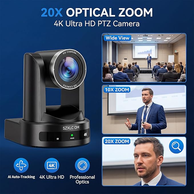 4K PTZ Camera for Conference Room & Church, 20X Optical Zoom, HDMI SDI USB LAN, AI Auto Tracking Camera for Live Streaming