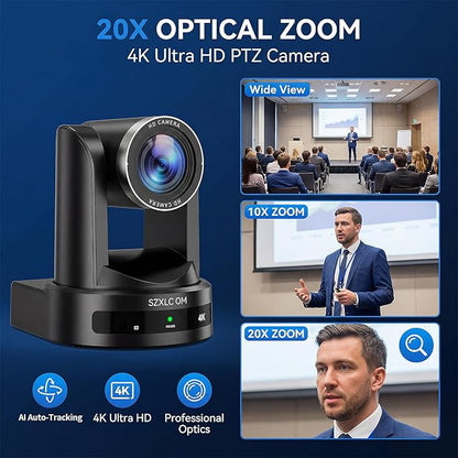 4K PTZ Camera for Conference Room & Church, 20X Optical Zoom, HDMI SDI USB LAN, AI Auto Tracking Camera for Live Streaming