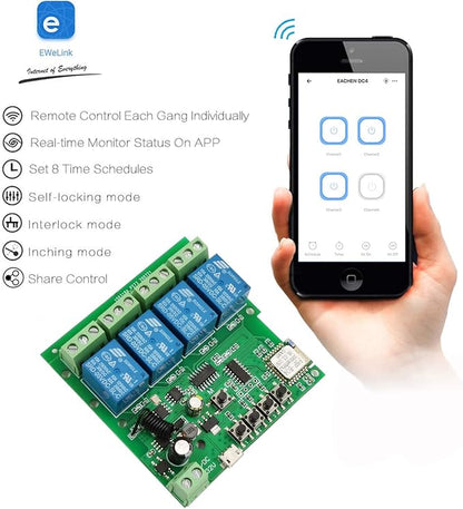 4 Channels WiFi Wireless Smart Switch Inching Self-Locking Relay Module,for DIY Access Control, Garage Door Opener with 433RF Remote Control （Ewelink App）