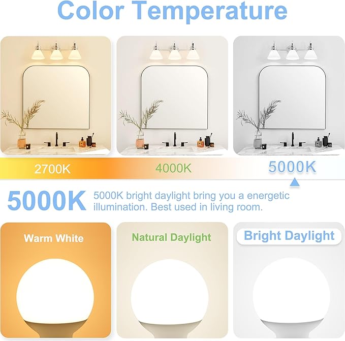 Cotanic 5000K Daylight LED Globe Light Bulbs, E26 Standard Base, 5W(60 Watt Equivalent Incandescent Replacement), 500LM, Non-Dimmable, 12 Pack Bathroom G25 Vanity Light Bulb