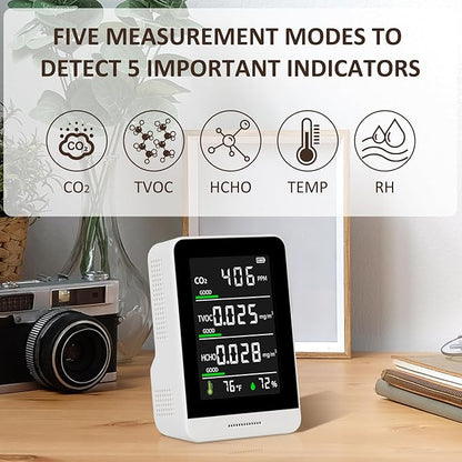 5-in-1 Air Quality Monitor Indoor for CO2/HCHO/TVOC/Temp/Hum, Portable Real-time Detector, LCD Display, Suitable for Baby Room, Living Room, Office, Kitchen, Warehouse