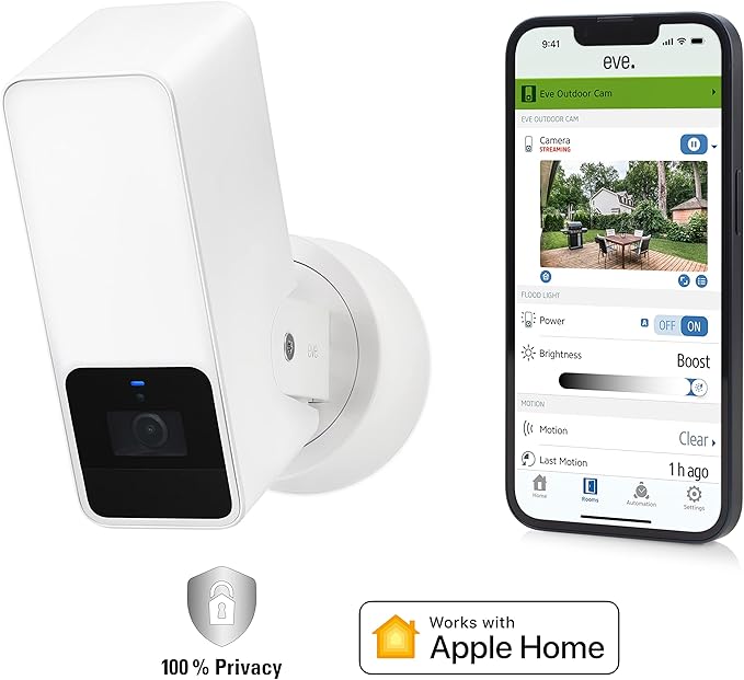Eve Outdoor Cam (White Edition) – Secure floodlight Camera, (HomeKit Secure Video), 1080p, Night Vision, Wi-Fi (2.4 GHz), Motion Sensor, Two-Way Communication, Flexible & Easy Installation