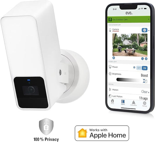 Eve Outdoor Cam (White Edition) – Secure floodlight Camera, (HomeKit Secure Video), 1080p, Night Vision, Wi-Fi (2.4 GHz), Motion Sensor, Two-Way Communication, Flexible & Easy Installation