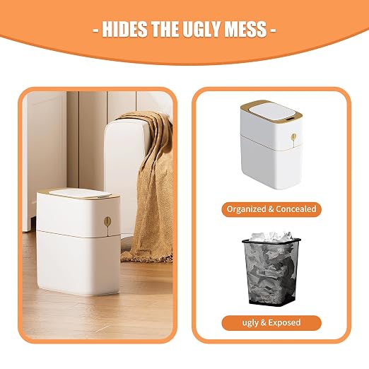 funest Smart Bathroom Trash Can with Lid, 3.6 Gallon Slim Motion Gold Sensor Garbage Bin with Inner Bucket, Trash Can with Lid Waterproof for Kitchen Office