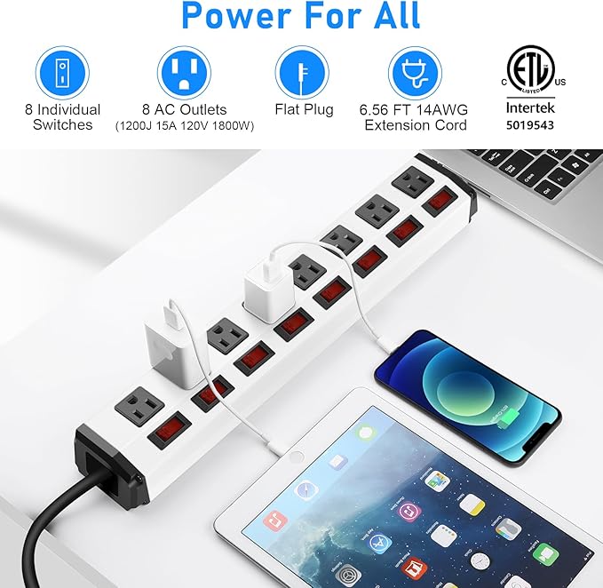 8 Outlet Metal Power Strip with Individual Switches,Heavy Duty Appliance Power Strip with Flat Plug,1200J Surge Protector,10FT Extension Cord,15A 120V 1800W,Home Office School Shop Industrial