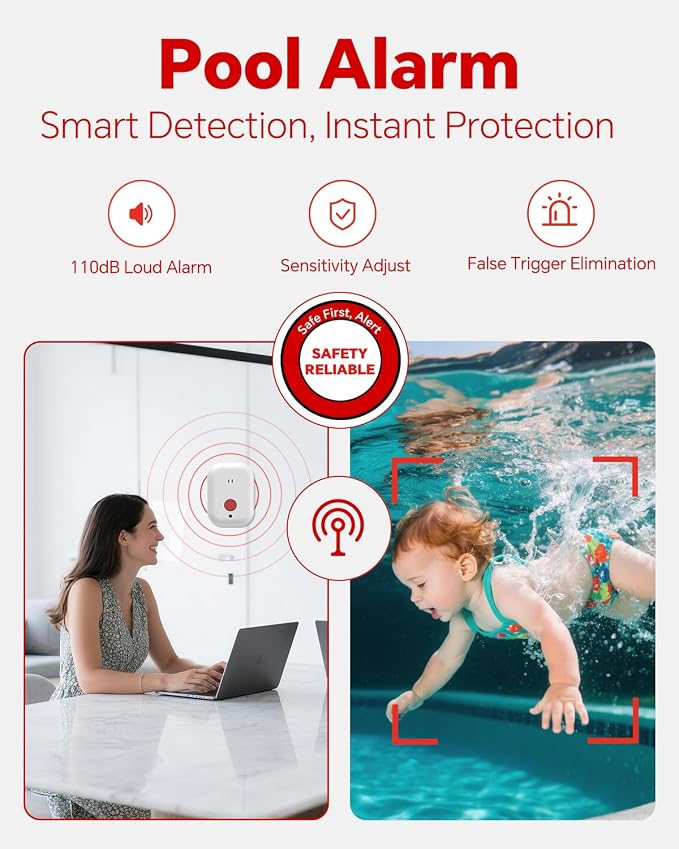 Pool Alarm for Inground & Above Ground Pools – Floating Pool Safety Alarm with 110dB Siren, Adjustable Sensitivity, Weatherproof– Covers up to 20' x 40' – Protects Kids & Pets (Red+Black)