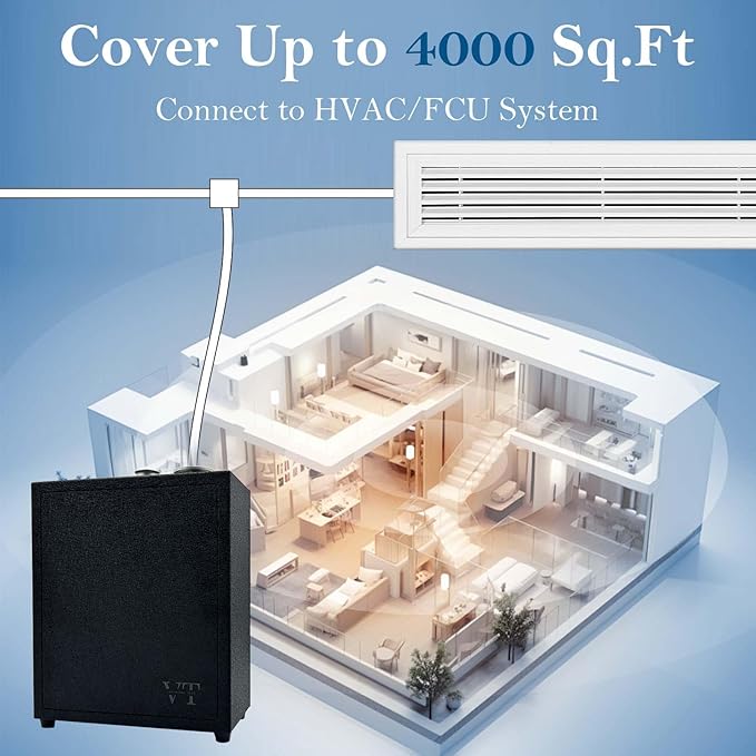 4000 Sq.Ft HVAC Smart Scent Diffuser for Home All-metal material. Suitable for large residences, hotels or offices. Capacity 500 ml Includes fragrance essential oil set. Supports Bluetooth APP control