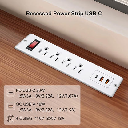 20W PD USB C Recessed Power Strip Desktop Power Socket 4 Outlets 3 USB (PD20W&QC18W) Mountable Flat Plug Charging Station for Countertop Cabinet Desk ETL Listed