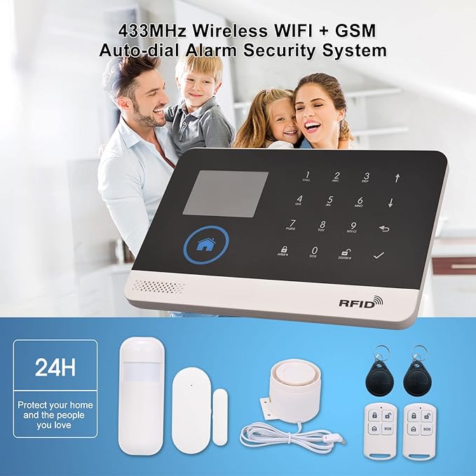 Matybobe WiFi GSM Home Alarm Security System, 2.4in LCD Wireless DIY Smart Home Burglar Security Alarm System 16 Piece Kit, Compatible with Alexa Home Voice Control for Home Security