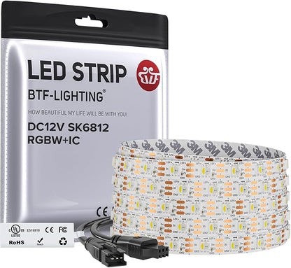 BTF-LIGHTING RGB+Natural White SK6812 LED Strip 16.4FT 300LED IP30 DC12V | RGBW Individually Addressable UL Listed 4 Colors in 1 Light (Similar WS2812B) White PCB(No Adapter or Controller)