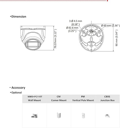 DS-2CE76U7T-ITMF 4K 8MP TVI Camera, Analog Security CCTV 4 in 1 ( TVI/AHD/CVI/CVBS), 0.003 Lux Ultra Low Light Turret Dome Camera, 2.8mm Wide Angle Lens, 130 dB True WDR, 30 m IR distance, IP67
