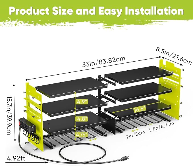 POKIPO Upgrade Power Tool Organizer Wall Mount with Charging Station,4 Layer Heavy Duty Metal Storage Rack Loads 600lbs with 8 Cordless Drill Holder,4 Outlet Power Strip Battery Utility Rack for Man