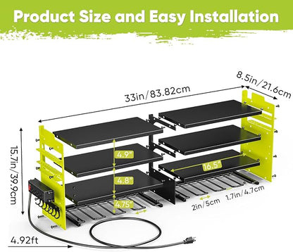 POKIPO Upgrade Power Tool Organizer Wall Mount with Charging Station,4 Layer Heavy Duty Metal Storage Rack Loads 600lbs with 8 Cordless Drill Holder,4 Outlet Power Strip Battery Utility Rack for Man