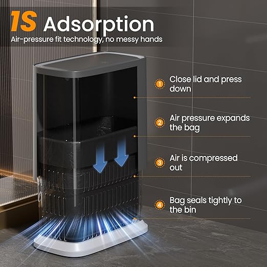 Small Bathroom Trash Can with Lid, 8L / 2.1 Gallon Narrow Garbage Bin with Wheels, Air-Press Bag Expander & Inner Bucket, Press Top Wastebasket for Bedroom, Office, Toilet, Odor Sealing Diaper Pail