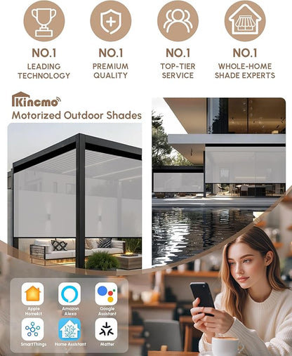 Kincmo Motorized Outdoor Shades for Patio Porch, Custom Outdoor Motorized Blinds with Remote, Waterproof & Windproof Patio Shades Work with Apple Homekit,Alexa,Google (3% Openness White Grey)