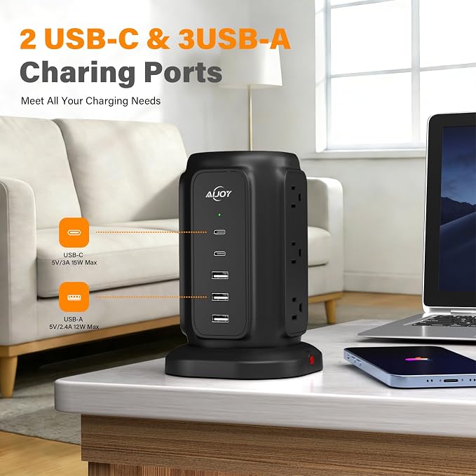 AiJoy Power Strip Tower with 9 AC Outlets and 5 USB Ports Charging Station | 1200J Surge Protector, 6.5 Feet Extension Cord with Multiple Outlets for Home Dorm Room Office Supplies Desk Accessories