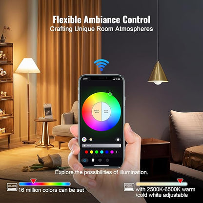 Happybuy Smart Light Bulbs, 4-Pack, 9W, 800 Lumens, Multicolor, Smart Control for Vera, Google, Alexa, iOS, Android, RGB