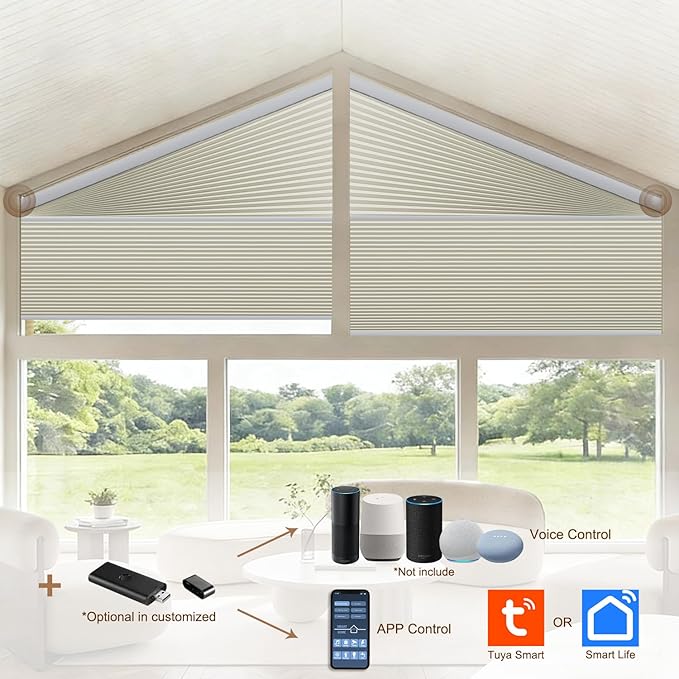 Godark Smart Angled Customized Blackout Honeycomb Blinds Suitable for Trapezoidal/Triangular/Polygonal Windows Motorized Cellular Shades Compatible with Alexa/Google Home/Tuya APP-Beige