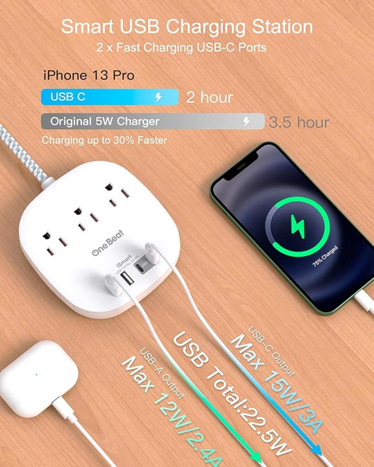 Flat Plug Power Strip, 6ft Ultra Flat Extension Cord - 3 Outlets 4 USB Ports (2 USB C) 22.5W/4.5A Desktop Charging Station, Power Strip No Surge Protection for Cruise Ship, Dorm Room Travel Essentials