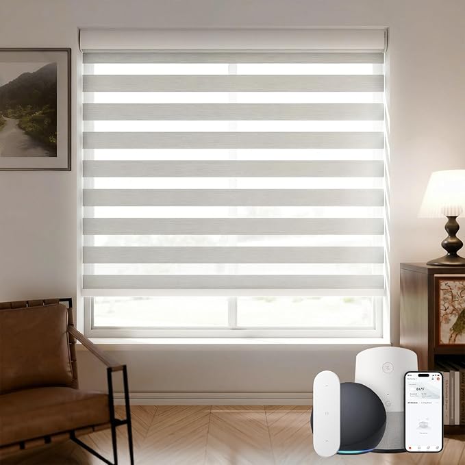 Motorized Zebra Blinds Smart Blinds with Remote Electric Shades for Indoor Windows Light Filtering Automatic Dual Layer Horizontal Shades Compatible with Google Alexa Grey 23" W X 72" H