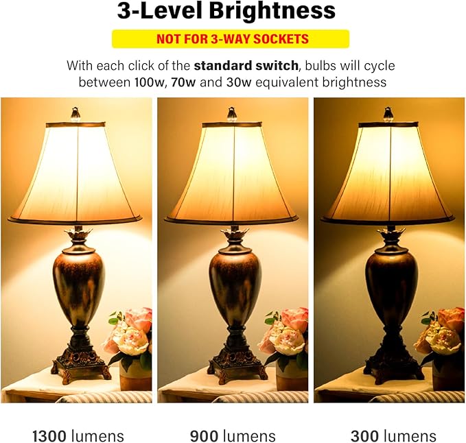 KEIVO A19 3-Level Brightness, Adjustable via Standard Switch(Not for 3-Way Sockets), 100W/70W/30W Equivalent, Soft White 2700K, 12W/9W/3W, E26 Base, Frosted, 4-Pack