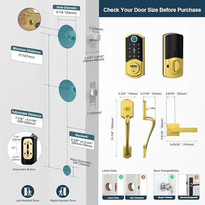 SMONET Smart Lock Front Door with Handle, Keyless Entry Door Lock Set, Fingerprint Smart Deadbolt with App Bluetooth, Electronic Keypad Auto Lock Compatible with Alexa, Gold