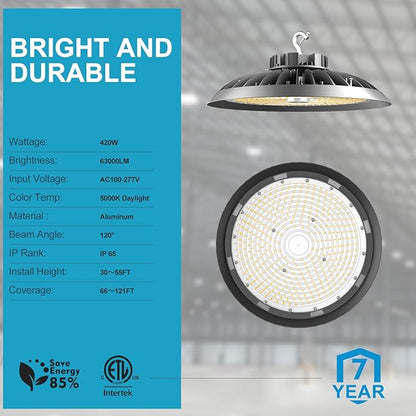 420W LED High Bay Light 5000K Daylight UFO Commercial Bay Light AC100-277V, 63000LM (1680W MH/HPS) High Bay LED Shop Lights with Plug and US Hook-4Pack