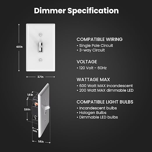Feit Electric Toggle Dimmer with Light Switch for Dimmable LED Light Bulbs, Single Pole or 3-Way, Wall Plate and Wire Nut Installation Included, DIM/Toggle/2, 2 Pack