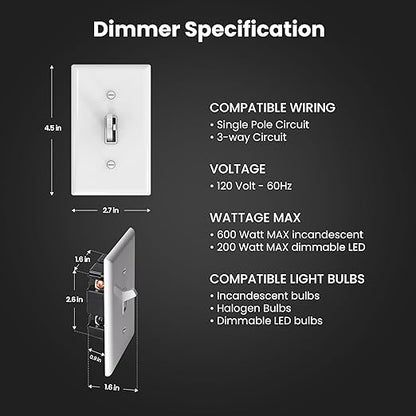 Feit Electric Toggle Dimmer with Light Switch for Dimmable LED Light Bulbs, Single Pole or 3-Way, Wall Plate and Wire Nut Installation Included, DIM/Toggle/2, 2 Pack