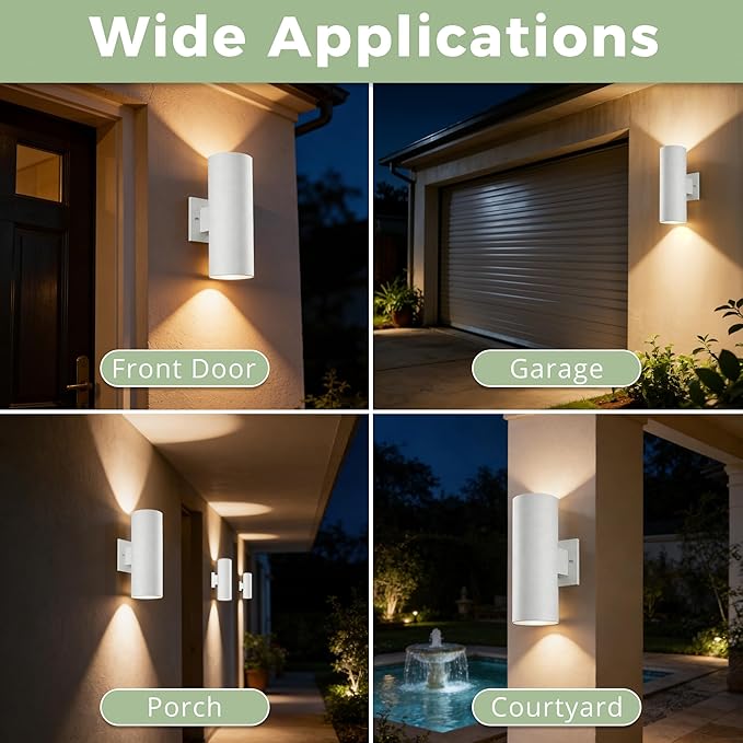Outdoor Wall Lights, 12'' Up and Down LED Cylinder Exterior Lighting Fixtures, 23W 3000K IP65 Waterproof Wall Sconces for House, Garage, Patio, Porch, White