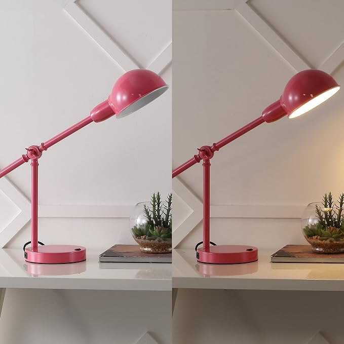 JONATHAN Y Curtis Task Lamp 20.25" Industrial Metal Adjustable USB, Pink | Vintage Style, Dome Shade, LED Bulb Included, Perfect for Home Office or Nightstand