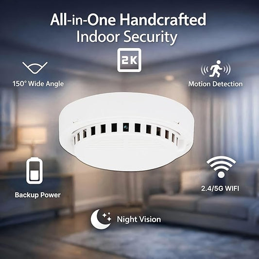 LIZVIE Handcrafted DIY 2K Smoke Detector Camera – 5000mAh*2 with150° Wide Angle Motion Detection/Night Vision/APP Remote Control/SD Storage/Nanny Cam for Indoor Home Security.
