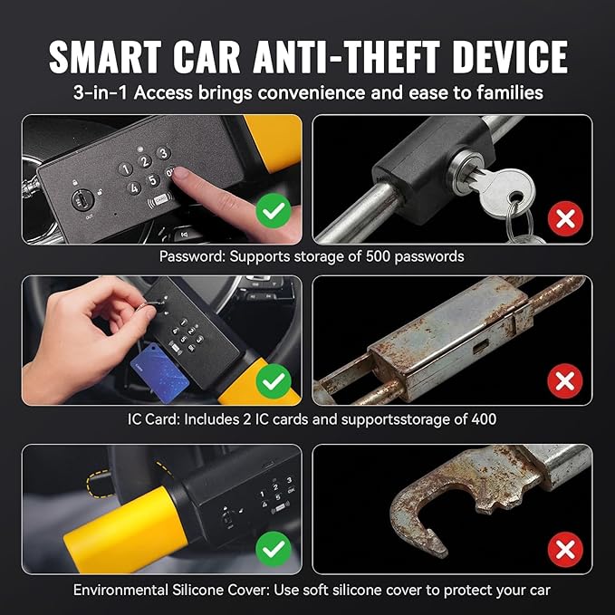 Smart Steering Wheel Lock with Alarm, Heavy-duty Car Anti-theft Device with Multiple Keyless Unlocking Way (Password + IC Card + Backup Keys), Fits 8.9–16" Truck Van SUV Car Wheels,Bright Yellow