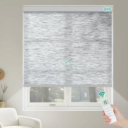 Motorized Roller Shades, Light Filtering Remote Control Custom Window Shades Compatible with Alexa Google Assistant via RF Hub, Rechargeable Electric Blinds for Windows (Texture Grey)