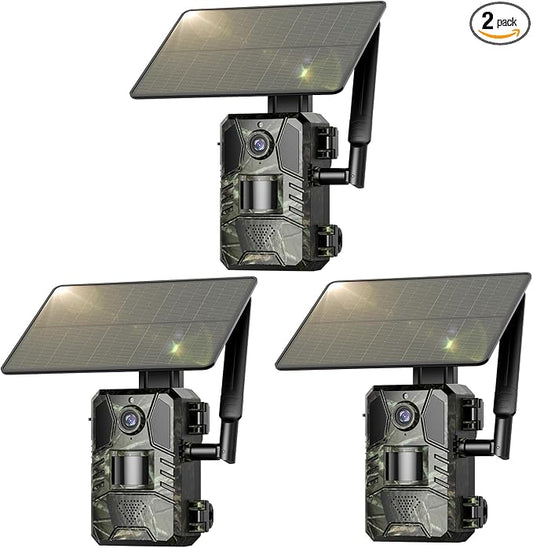 Loatos Trail Cameras, Cellular Trail Camera Bulit in 4G LTE SIM Card No WiFi Needed, 2k Live View Solar Powered Game Camera with 0.2s Fast Trigger Motion Activated IP66 Waterproof 3 Packs