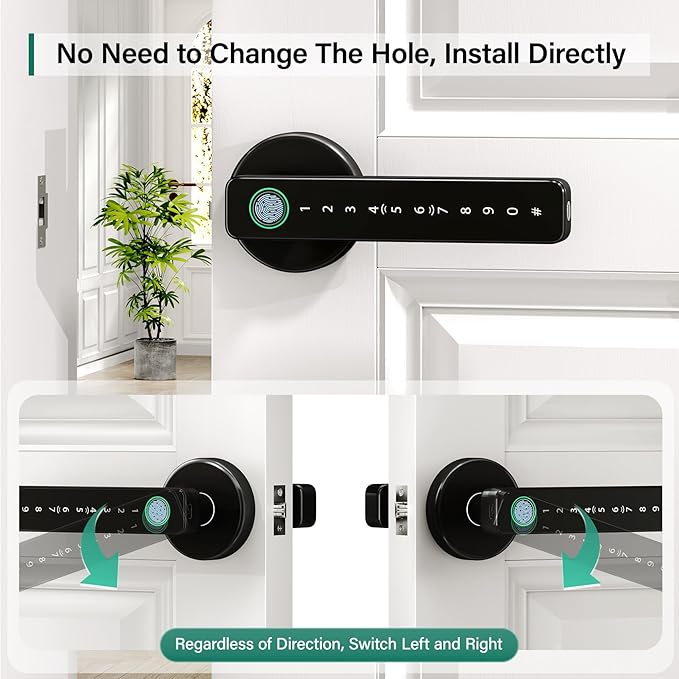 Keyless Entry Fingerprint Smart Door Lock with Handle, Digital Electronic Lock with Touchscreen Keypad, Door Locks for Bedrooms/Front Door/Apartment, Generate Password Remotely