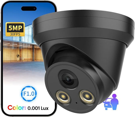 VIKYLIN 5MP Full Color Night Vision POE IP Security Turret Outdoor Camera(Black),F1.0 Super Aperture,AI Human/Vehicle Detection,Built in Mic,2.8mm Lens,IP67,5MP@30fps，NDAA Compliant