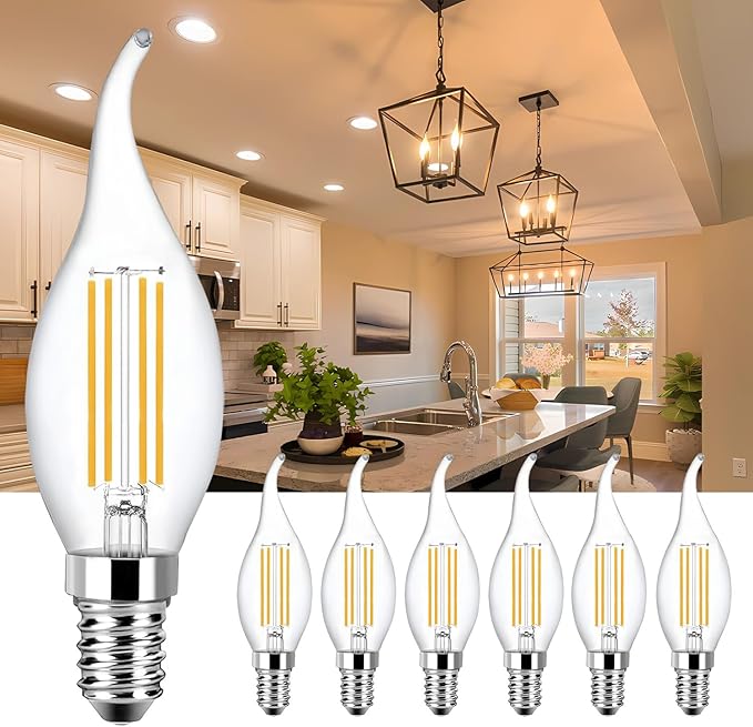 CA11 Chandelier Dimmable Light Bulbs 2700k Warm White 6W 120V, 6 Pcs High Output CA11 60 Watt Candelabra Base Bulbs Led, No Flicker CA 11 LED Light Bulbs with E12 Base for Indoor Light.