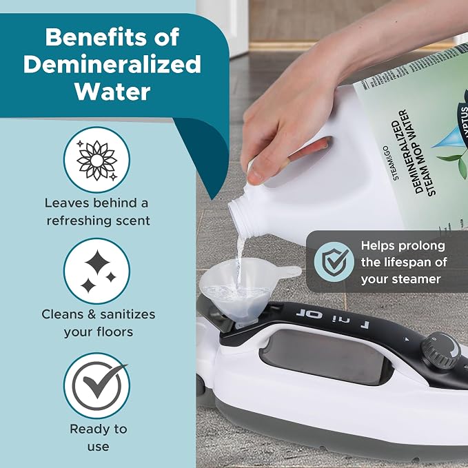Steam & Go Demineralized Water for Steam Mop – Eucalyptus Mint Scent, 128 oz (Pack of 1) | Scented Floor Cleaner Solution, Ready-to-Use, Compatible with Any Steam Cleaner | Mineral-Free, Ready-to-Use Floor & Garment Steamer Solution; Prevents Buildup, ...