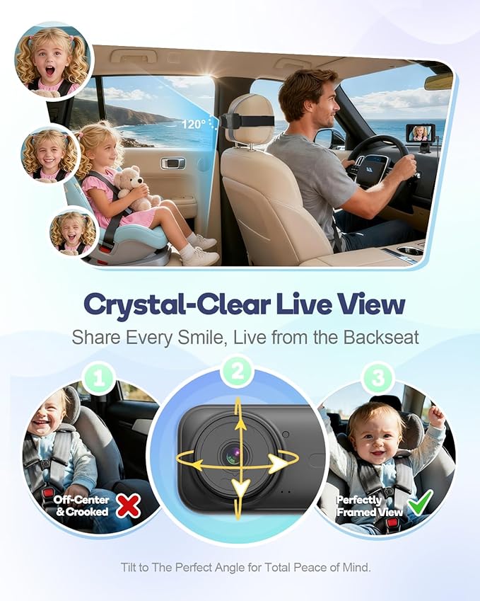 Wireless Baby Car Camera, Car Baby Monitor No Wi-Fi Needed, Auto Night Vision IR-Cut Adjustable Lens, Long Battery for Rear-Facing Seat Long Trips, Newborn Travel Essentials