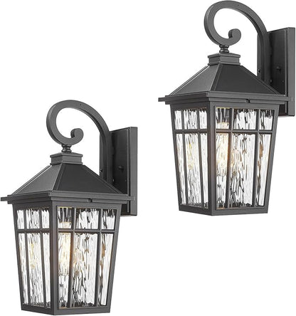 Outdoor Light Fixture 14 Inch Height Outside Wall Lights Black Finish and Water Ripple Glass Exterior Lights for House Garage Porch and Garden E26 Socket 2-Pack