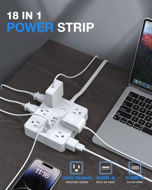 Extension Cord Power Strip, HUNIAN 25Ft Flat Plug Extension Cord | 12 Widely Spaced Multiple Outlets 6 USB (2 USB C Ports), Outlet Extender with Power Switch for Home Office Supplies, White