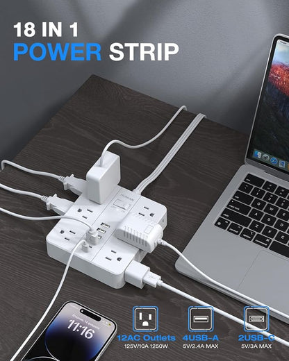 Extension Cord Power Strip, HUNIAN 20Ft Flat Plug Extension Cord | 12 Widely Spaced Multiple Outlets 6 USB (2 USB C Ports), Outlet Extender with Power Switch for Home Office Supplies, White