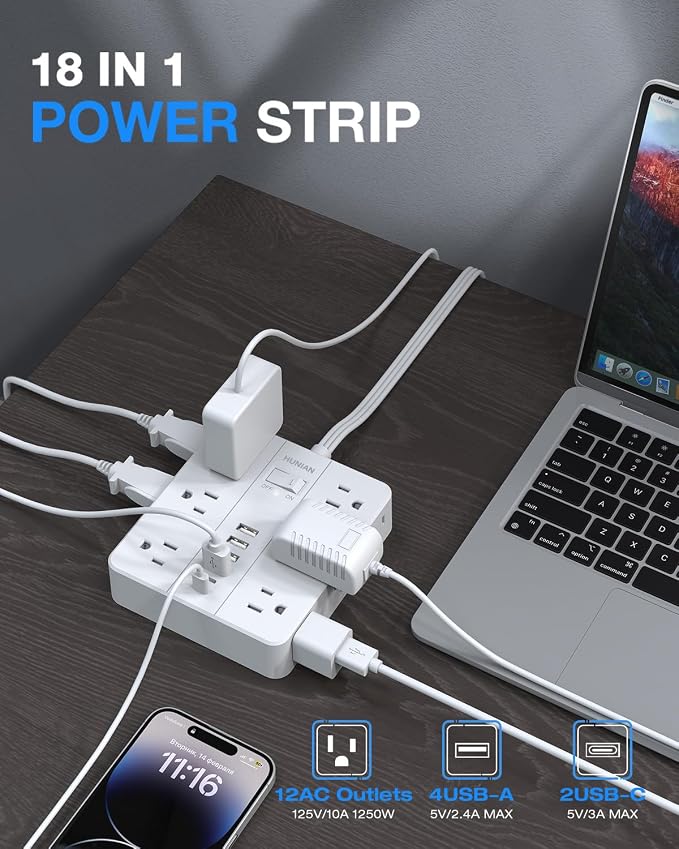 Extension Cord Power Strip, HUNIAN 5Ft Flat Plug Extension Cord | 12 Widely Spaced Multiple Outlets 6 USB (2 USB C Ports), Outlet Extender with Power Switch for Home Office Supplies, White