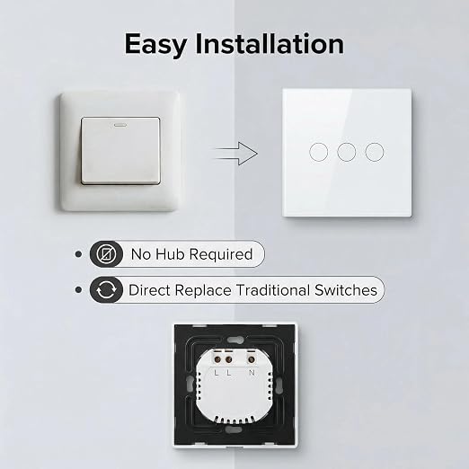 3-Way Smart Switch Wall Light Control Touch,App Remote Control,White | 3-Way WiFi BT 433MHz RF Tuya App control, Alexa Google voice, no hub, tempered glass touch panel for home indoor lights